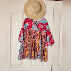 Jelly The Pug Red and Blue Floral Kids Dress And Hat Bundle.